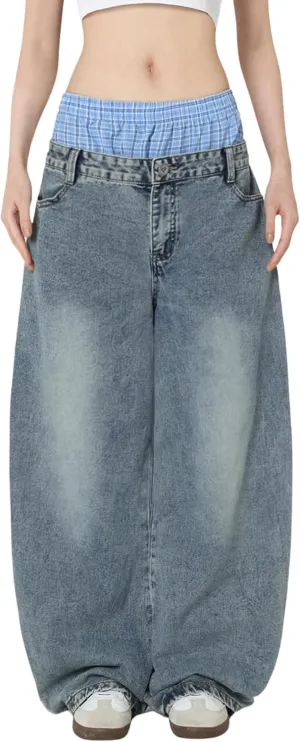 Aelfric Eden Double Waist Loose Sagging Jeans Baggy Denim Pants High Waist Stretchy Straight Wide Leg Jeans