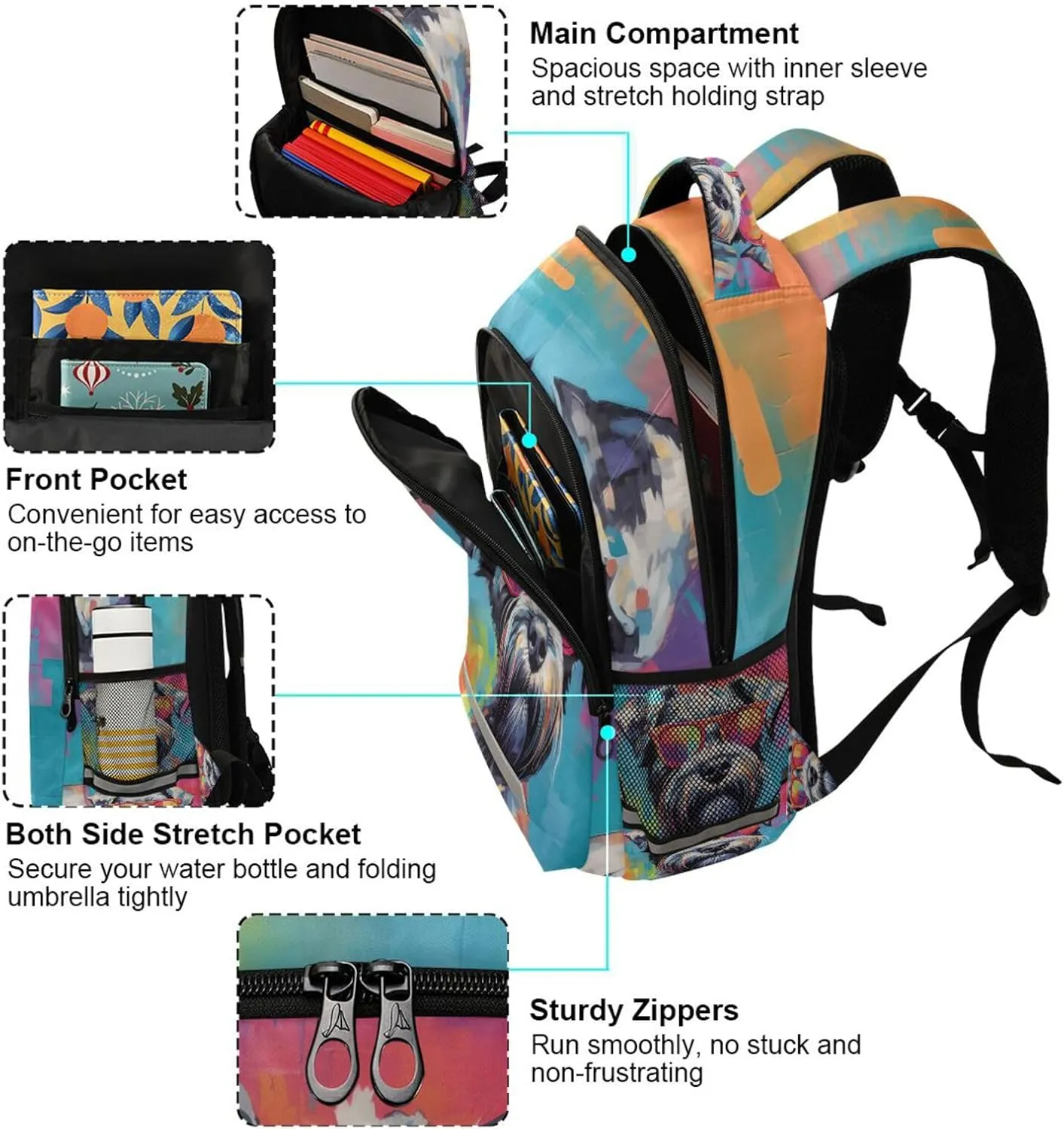 ALAZA Schnauzer Dog with Sunglasses Backpacks Travel Laptop Daypack School Book Bag for Men Women Teens Kids