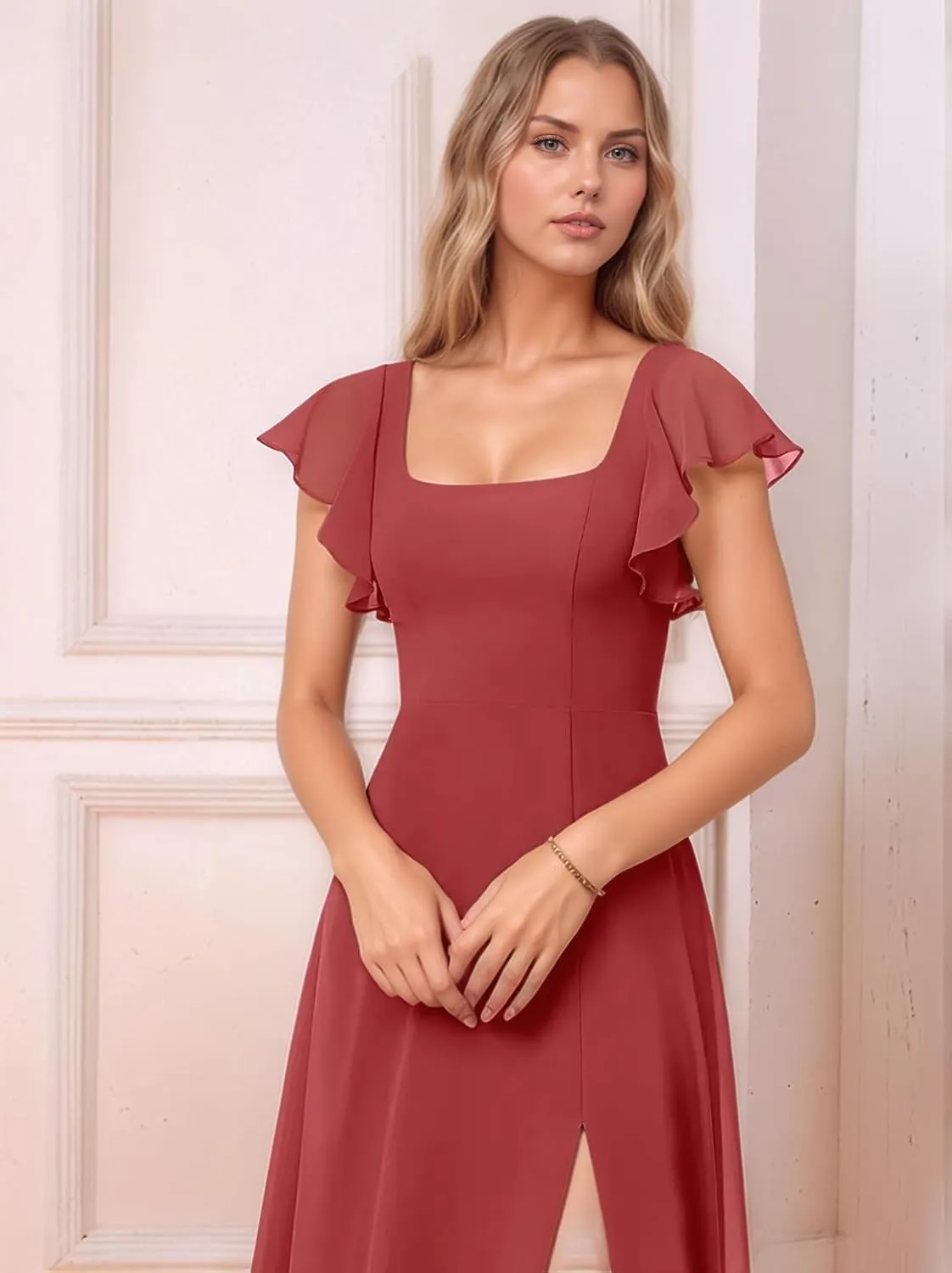 ALFEICE Tiered Ruffles Bridesmaid Dresses for Women 2025 Long Chiffon Formal Evening Gowns V Neck Wedding Guest Dresses