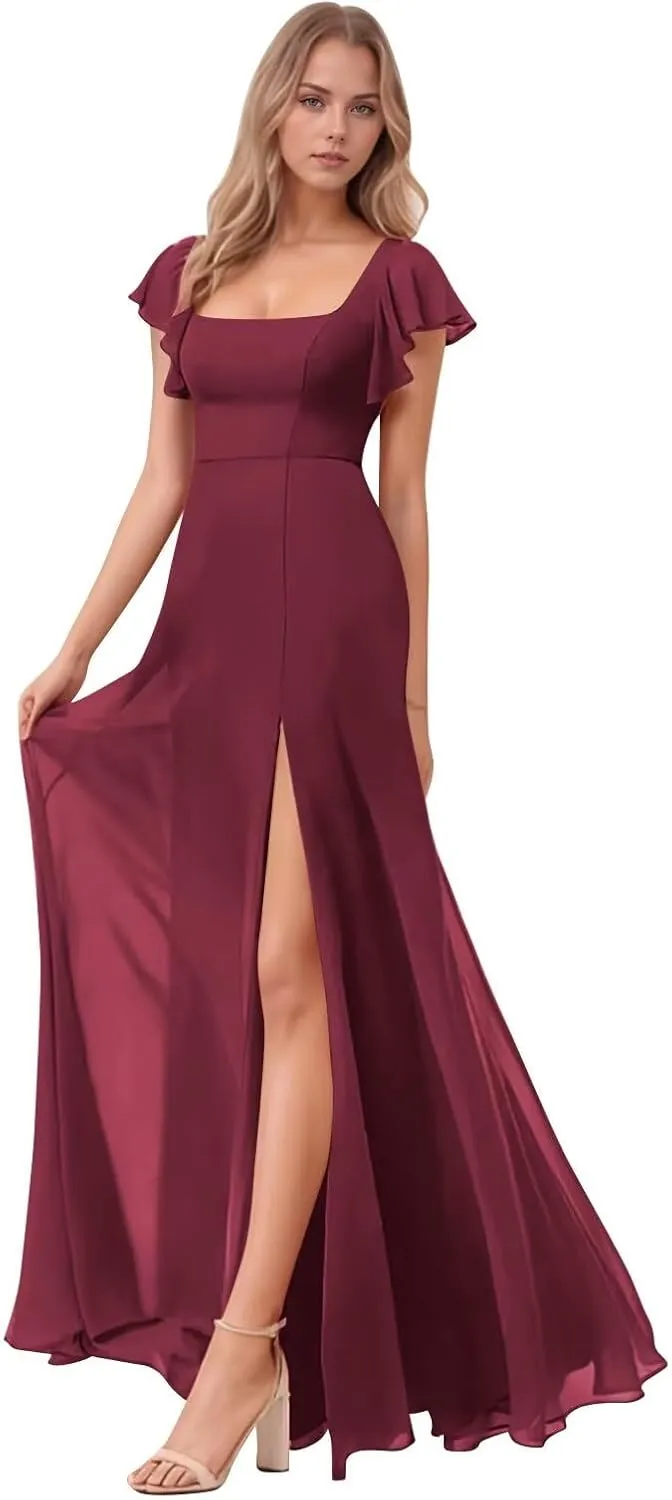 ALFEICE Tiered Ruffles Bridesmaid Dresses for Women 2025 Long Chiffon Formal Evening Gowns V Neck Wedding Guest Dresses