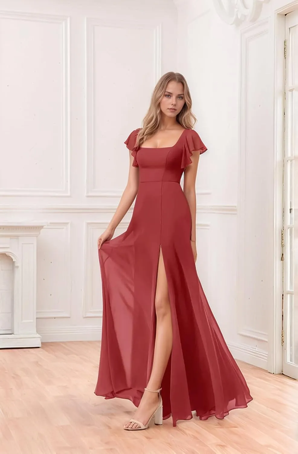 ALFEICE Tiered Ruffles Bridesmaid Dresses for Women 2025 Long Chiffon Formal Evening Gowns V Neck Wedding Guest Dresses