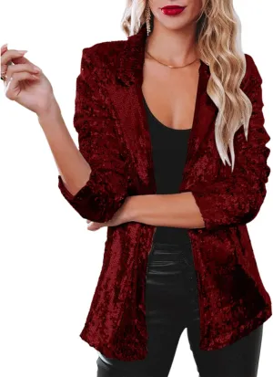 ALLUMK Women Evening Bling Sequin Jacket Open Front Work Blazer Long Sleeve Laple Cardigan Coat