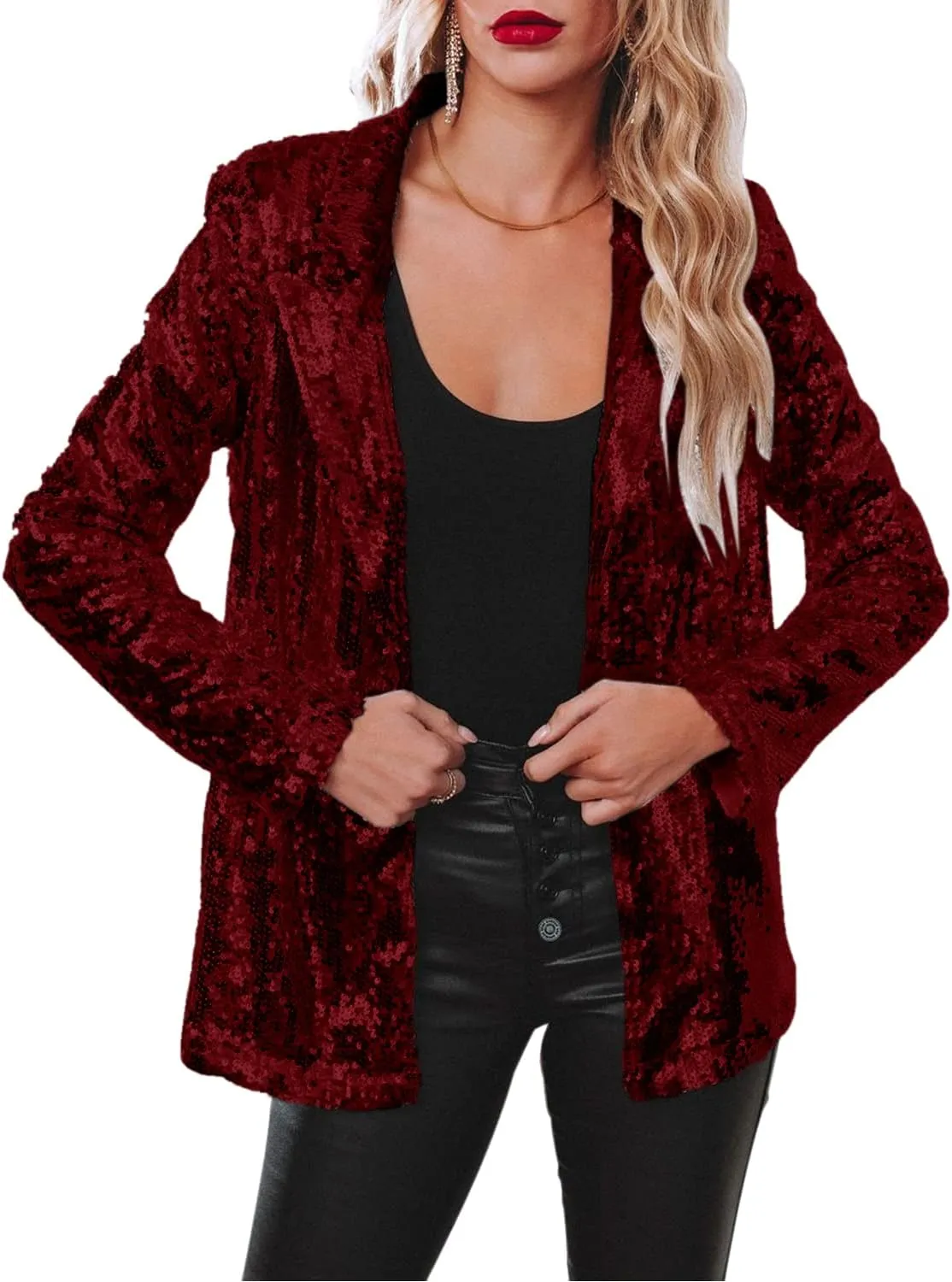 ALLUMK Women Evening Bling Sequin Jacket Open Front Work Blazer Long Sleeve Laple Cardigan Coat