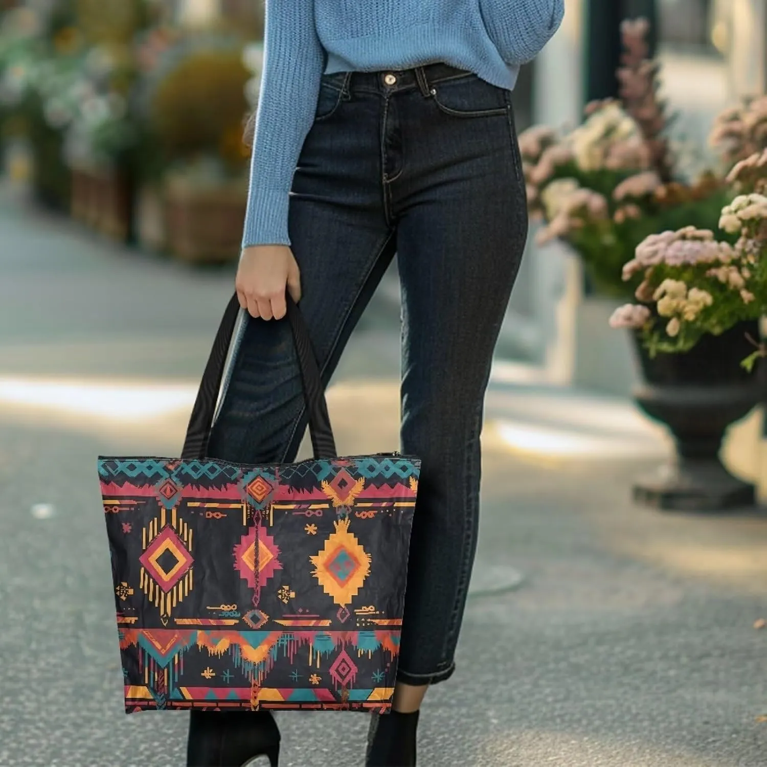 American Flag Eco-Friendly Paper Tote Bag, Ethnic Tribal Reusable Handbag Adorable Dog Animal Tote Bag for Women