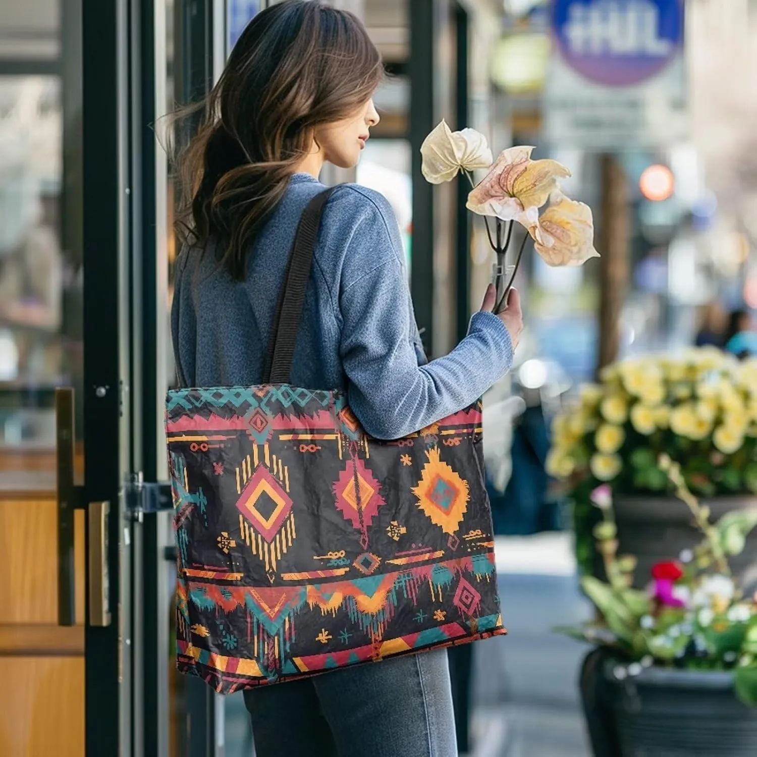 American Flag Eco-Friendly Paper Tote Bag, Ethnic Tribal Reusable Handbag Adorable Dog Animal Tote Bag for Women