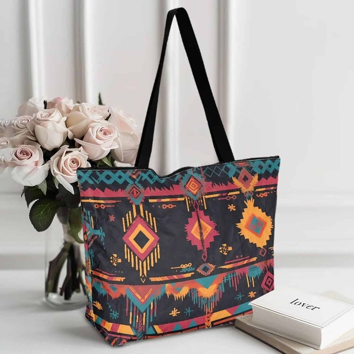 American Flag Eco-Friendly Paper Tote Bag, Ethnic Tribal Reusable Handbag Adorable Dog Animal Tote Bag for Women