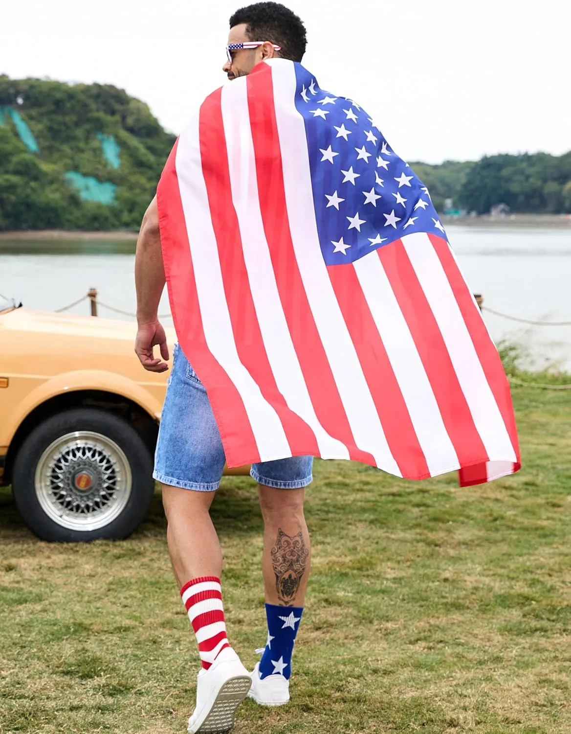 American Flag Mens Vest,4th of July Cape,USA Sunglasses,Patriotic Socks,4 Pcs for Independence Labor Day