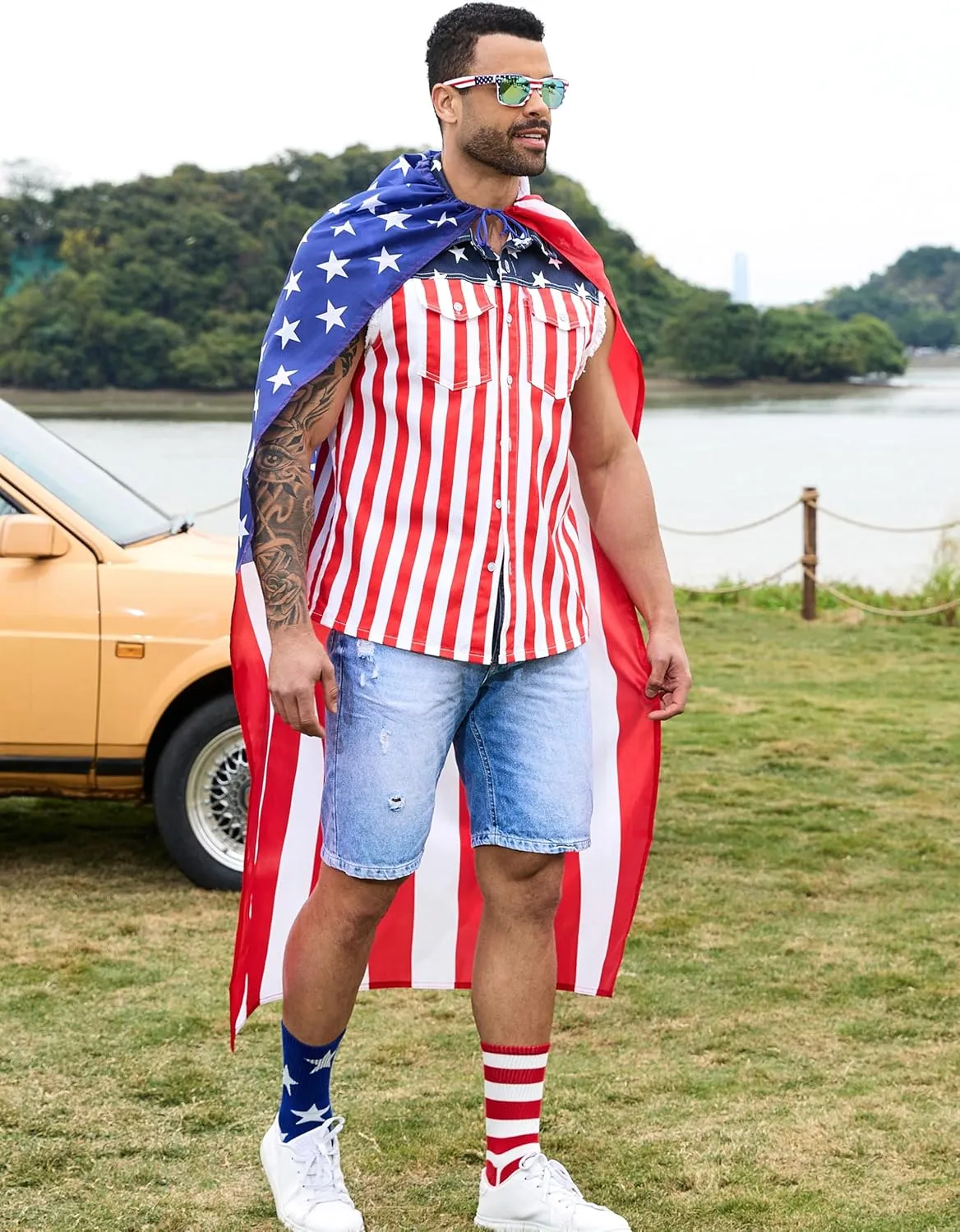 American Flag Mens Vest,4th of July Cape,USA Sunglasses,Patriotic Socks,4 Pcs for Independence Labor Day