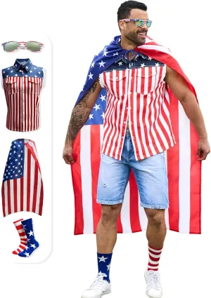 American Flag Mens Vest,4th of July Cape,USA Sunglasses,Patriotic Socks,4 Pcs for Independence Labor Day