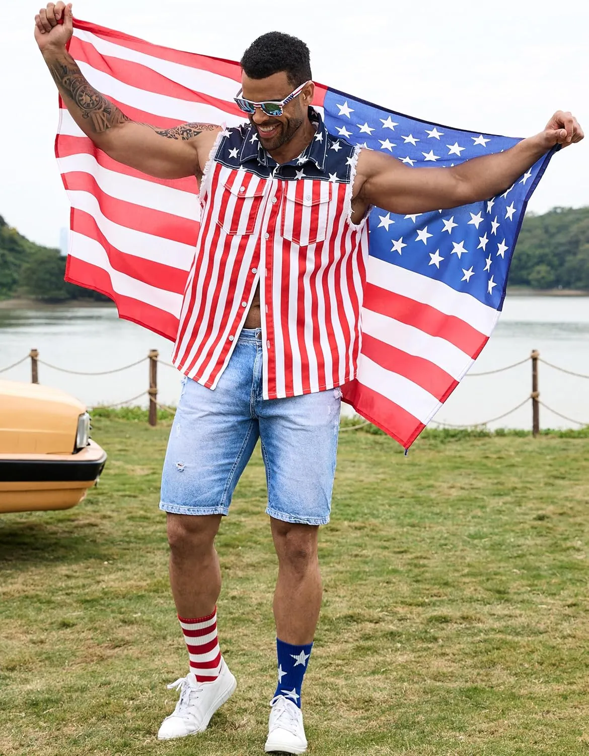 American Flag Mens Vest,4th of July Cape,USA Sunglasses,Patriotic Socks,4 Pcs for Independence Labor Day
