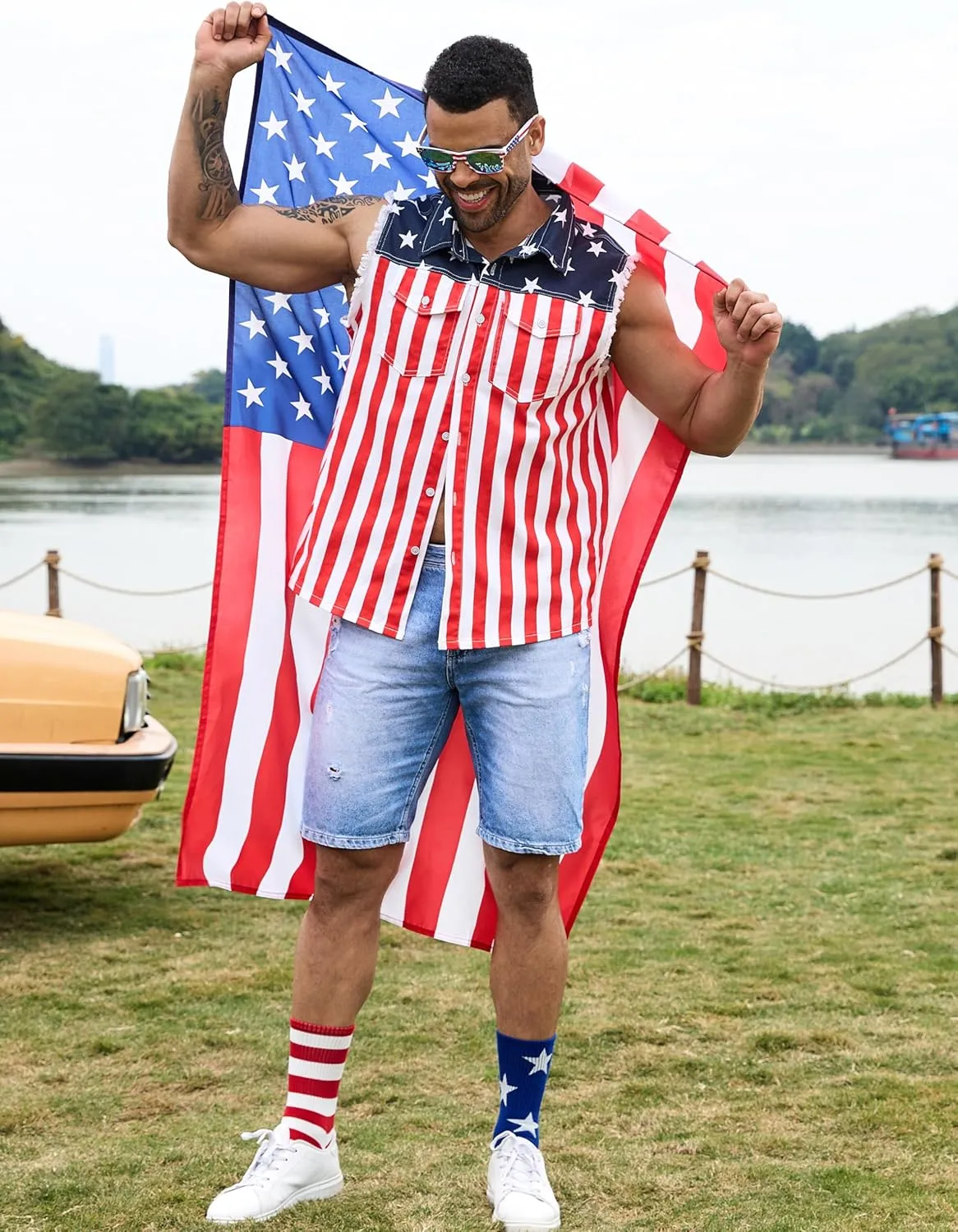 American Flag Mens Vest,4th of July Cape,USA Sunglasses,Patriotic Socks,4 Pcs for Independence Labor Day