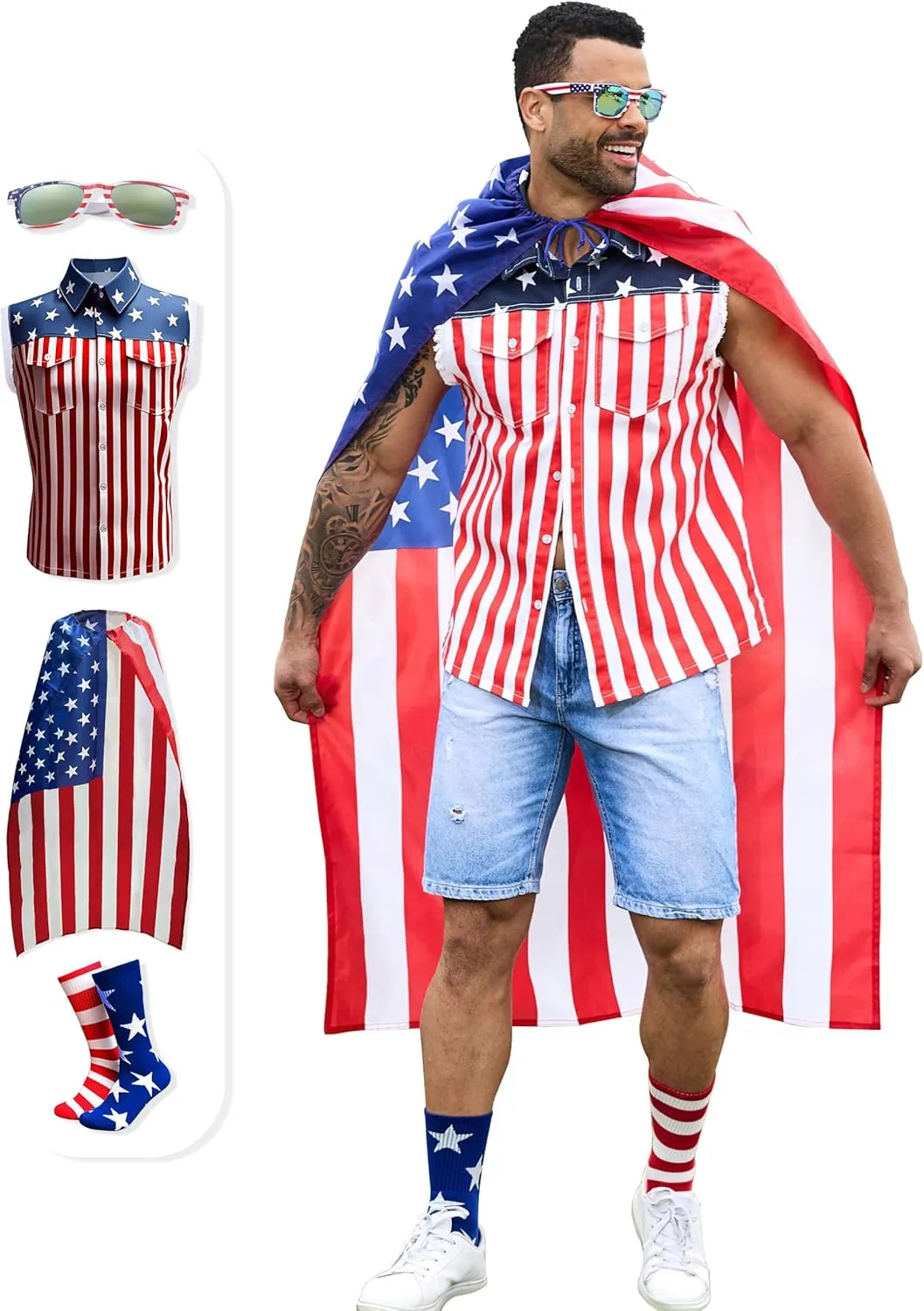 American Flag Mens Vest,4th of July Cape,USA Sunglasses,Patriotic Socks,4 Pcs for Independence Labor Day