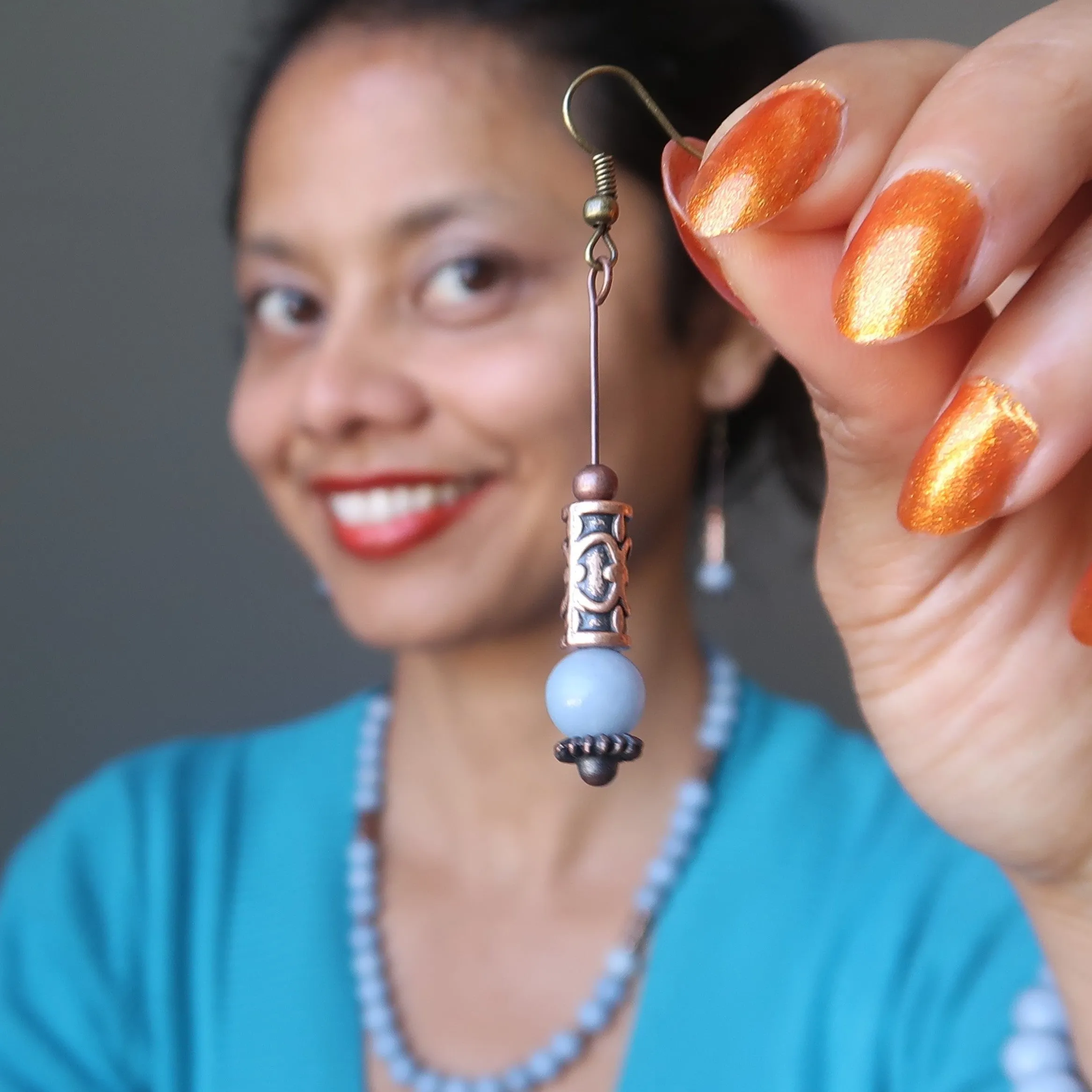 Angelite Earrings Ruler of Sky Blue Gem Nostalgic Copper