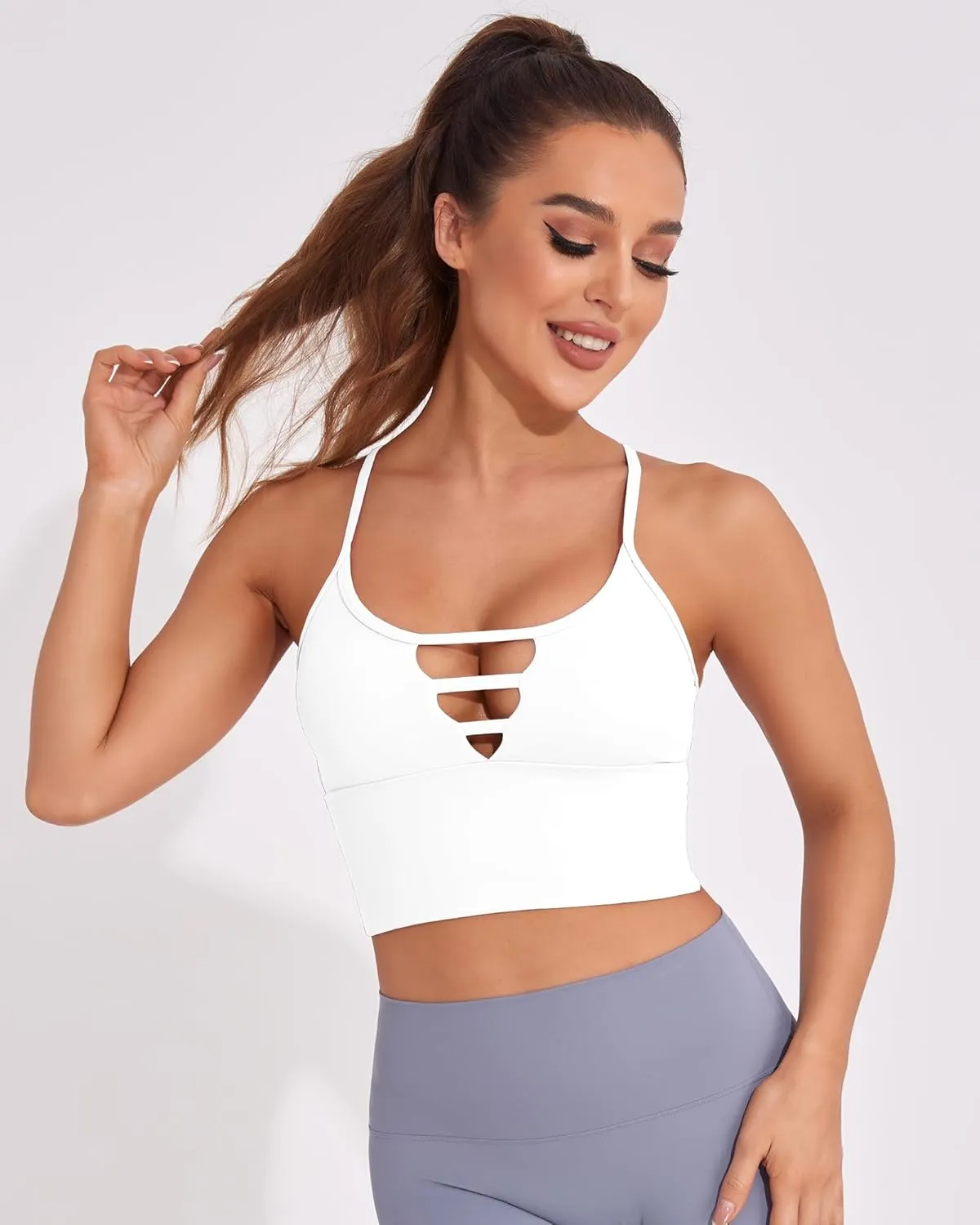 AngiMelo Sports Bras for Women High Support Longline Strappy Workout Tank Tops Built in Bra Padded Crop Yoga Top