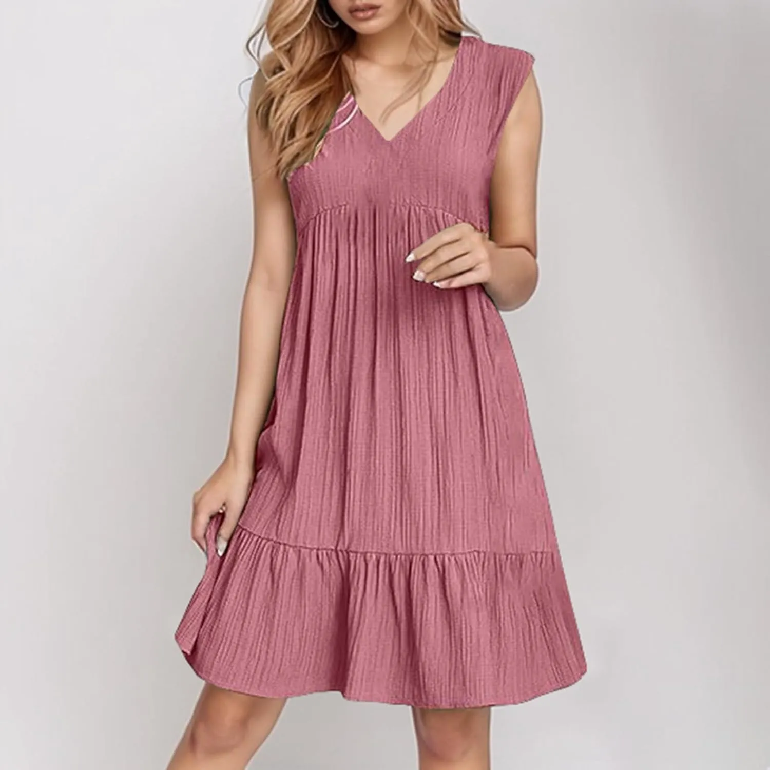 Aniywn Cute Summer Dresses for Women 2025 Vacation V Neck Mini Dresses Casual Flowy Boho Beach Ruffle A Line Swing Sundress