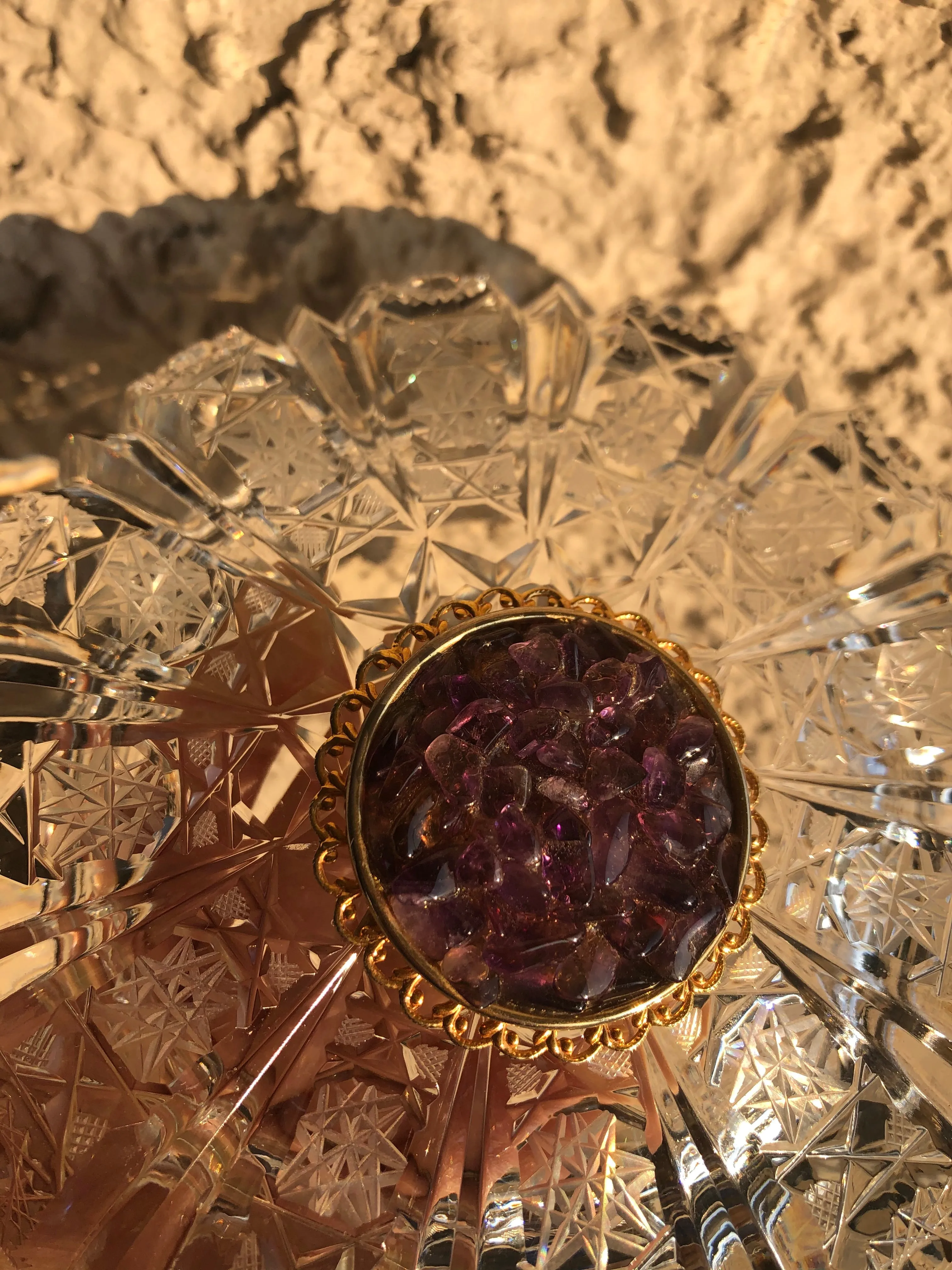 Antique Amethyst Purple Gem Stone Vintage Brooch Large Pin