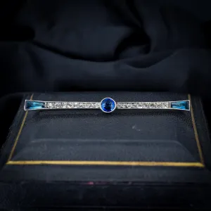 Antique Art Deco French Blue Paste Silver Bar Brooch
