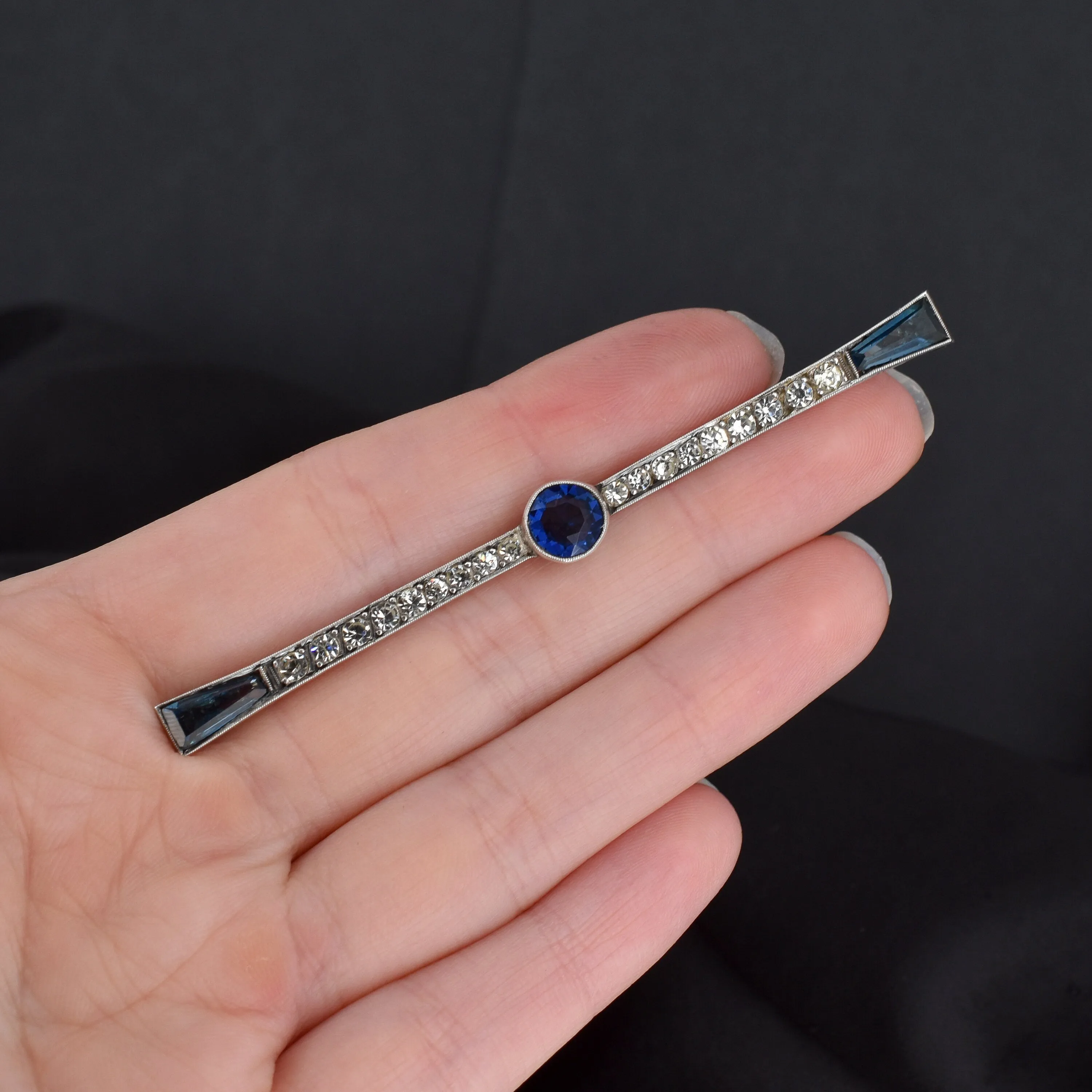 Antique Art Deco French Blue Paste Silver Bar Brooch