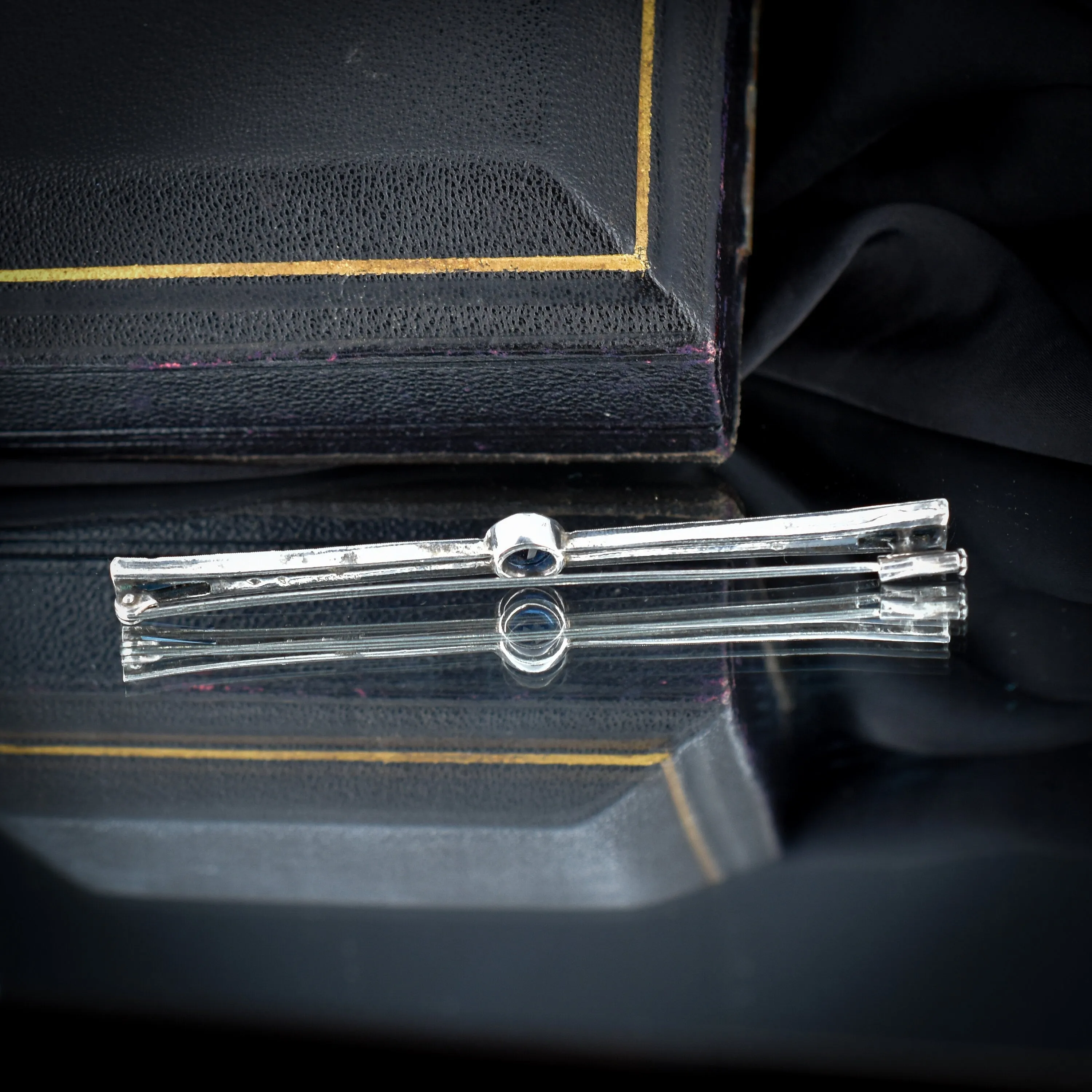 Antique Art Deco French Blue Paste Silver Bar Brooch