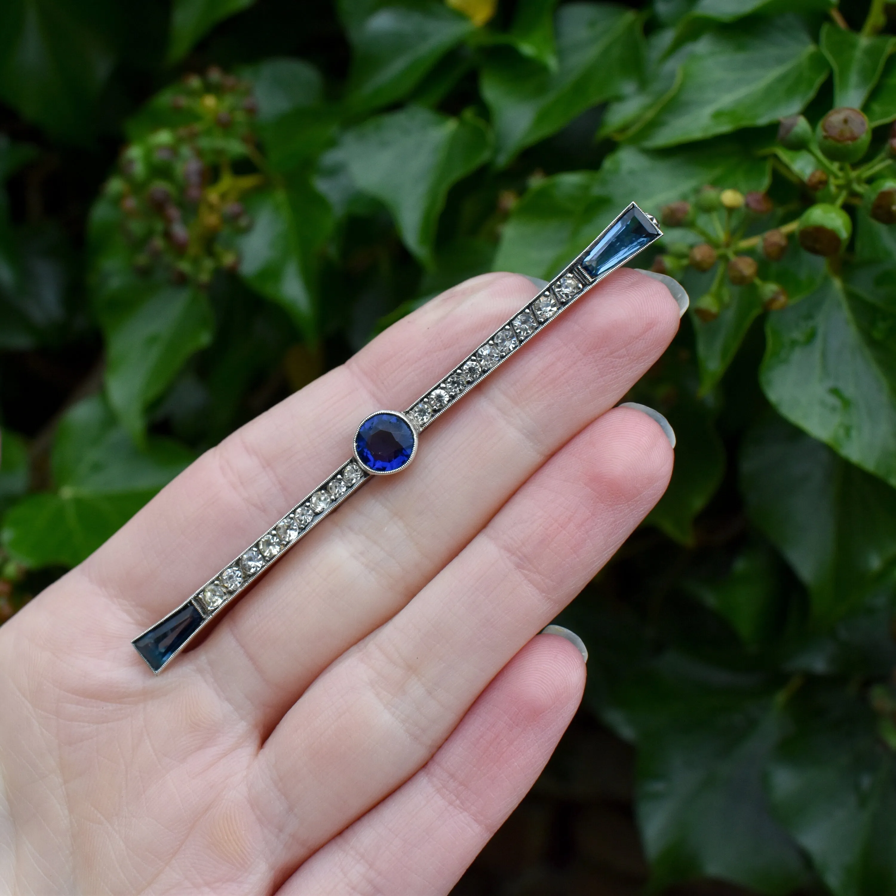 Antique Art Deco French Blue Paste Silver Bar Brooch