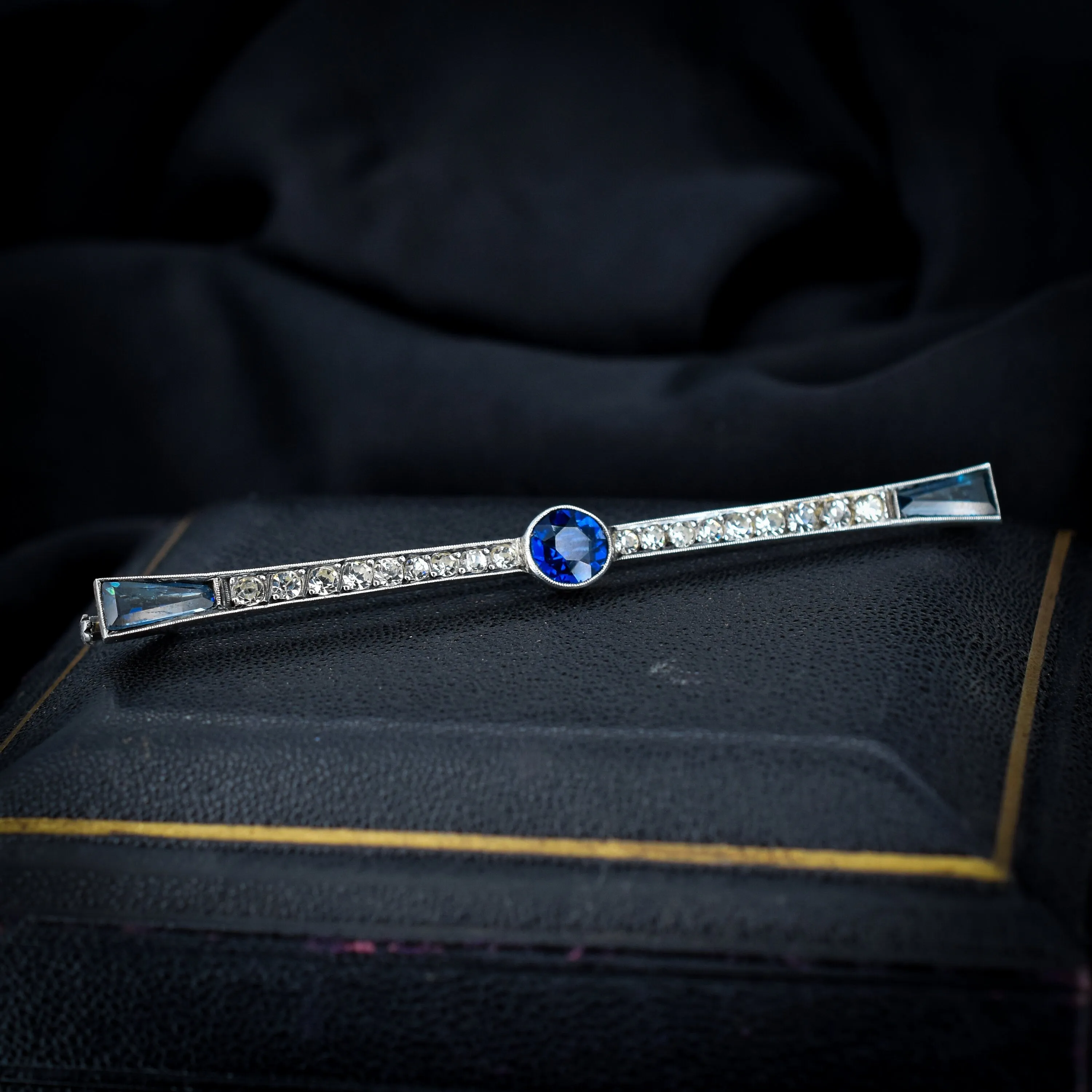 Antique Art Deco French Blue Paste Silver Bar Brooch