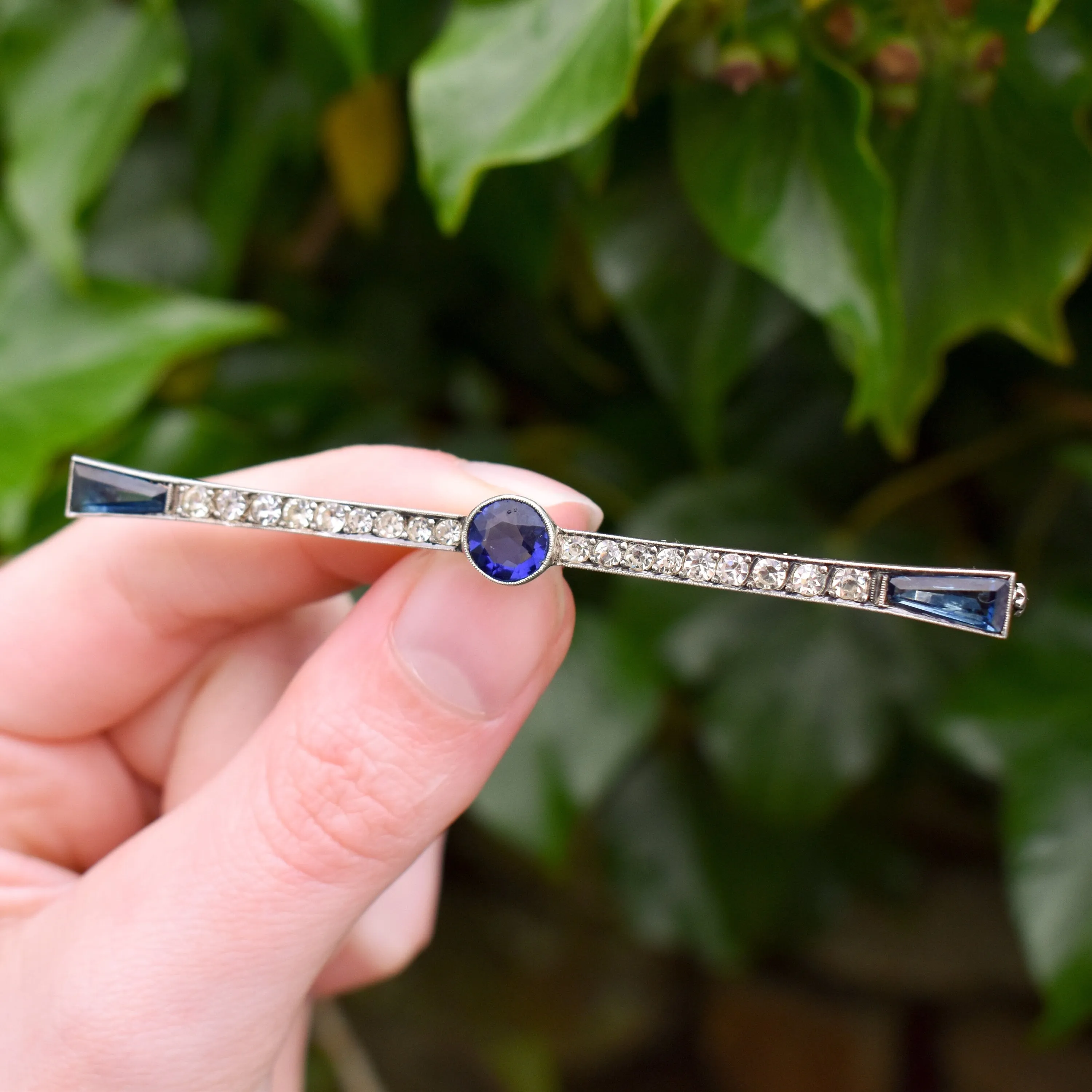 Antique Art Deco French Blue Paste Silver Bar Brooch