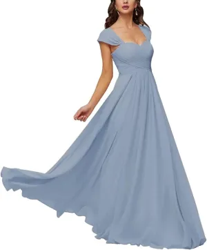 ANYSWBKN Cap Sleeve Juniors Bridesmaid Dresses for Wedding A Line Long Chiffon Ruched Formal Evening Gown