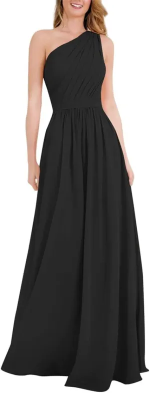 ANYSWBKN One Shoulder Juniors Bridesmaid Dresses for Wedding Guest Party Long Chiffon Prom Evening Gown