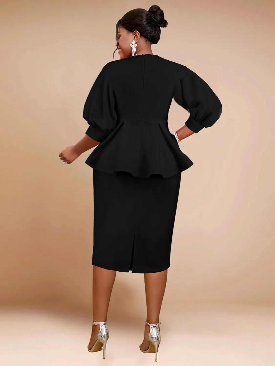 AOMEI Business Suit Sets for Women's 2 Piece Outfits V Neck Peplum Tops Floral Applique Formal Pencil Midi Skirt Suit