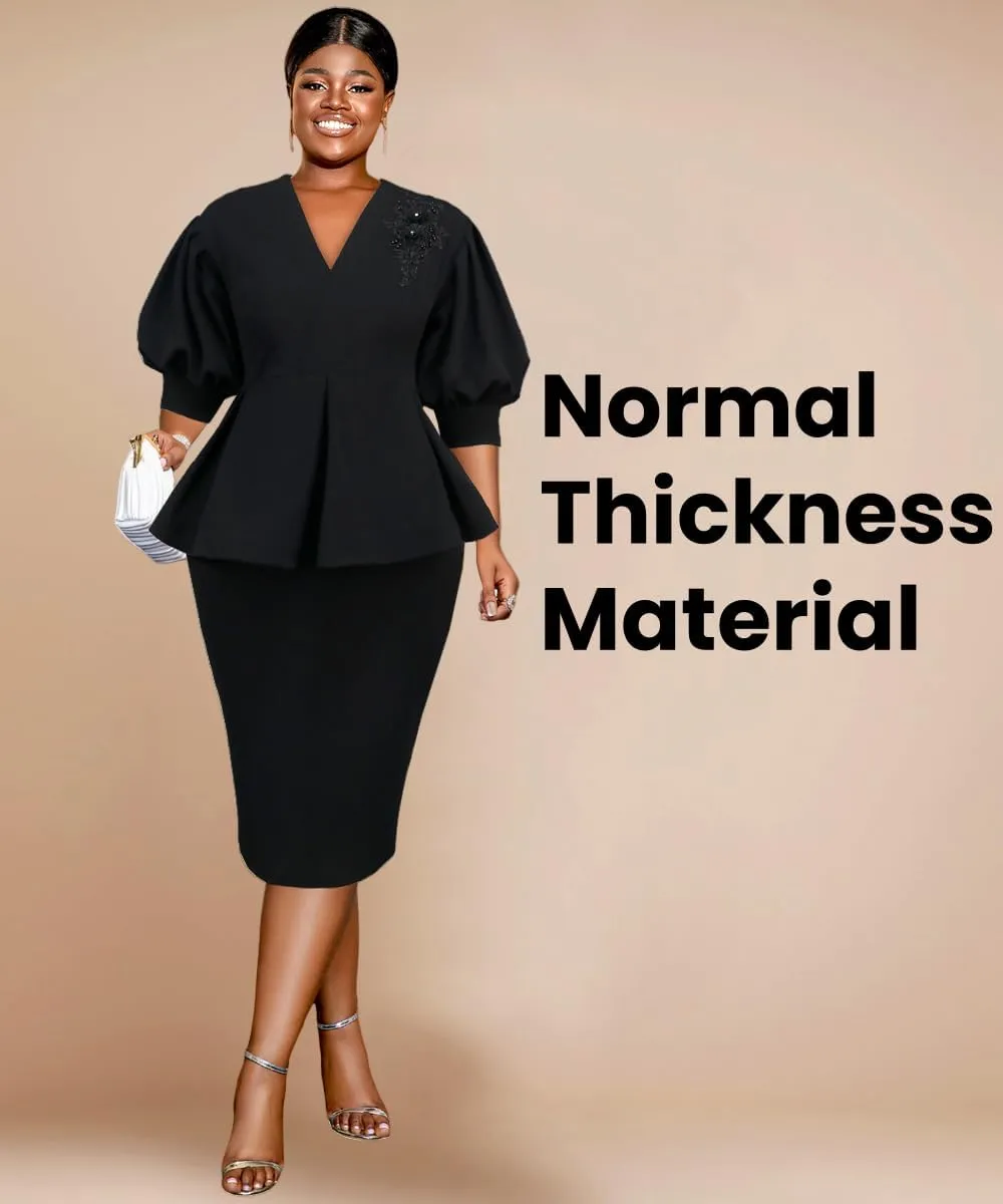 AOMEI Business Suit Sets for Women's 2 Piece Outfits V Neck Peplum Tops Floral Applique Formal Pencil Midi Skirt Suit