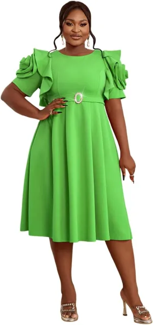 AOMEI Women's Summer Round Neck Short Sleeve with Flower Beaded Belted A Line Midi Dress