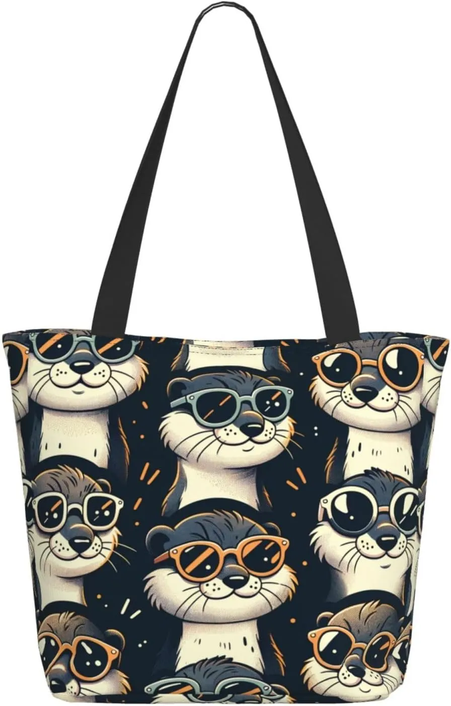 Augenstern Women Shoulder Bag Cute-Otter-Sunglasses Foldable Tote Bag With Zipper Closure Casual Shopping Purse Daily Bag