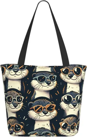 Augenstern Women Shoulder Bag Cute-Otter-Sunglasses Foldable Tote Bag With Zipper Closure Casual Shopping Purse Daily Bag
