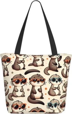 Augenstern Women Shoulder Bag Otter-Wearing-Sunglasses Foldable Tote Bag With Zipper Closure Casual Shopping Purse Daily Bag