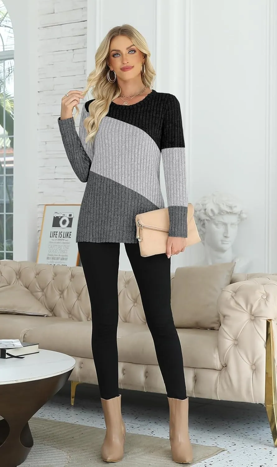 AYIFU Womens Color Block Tops Lightweight Sweaters Casual Long Sleeve Tunic Tops Trendy Crewneck Pullover Shirts
