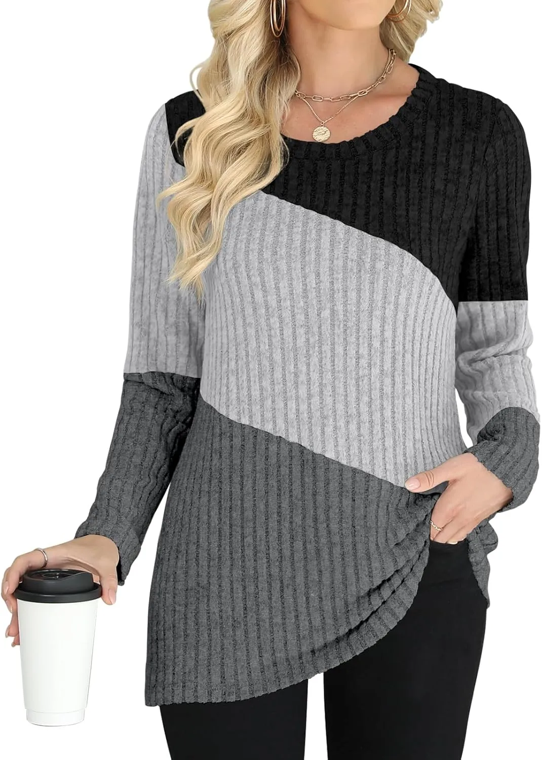 AYIFU Womens Color Block Tops Lightweight Sweaters Casual Long Sleeve Tunic Tops Trendy Crewneck Pullover Shirts