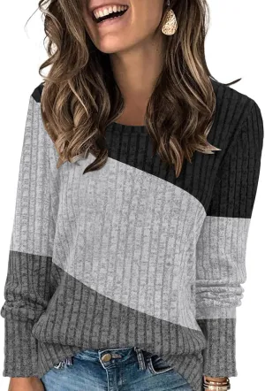 AYIFU Womens Color Block Tops Lightweight Sweaters Casual Long Sleeve Tunic Tops Trendy Crewneck Pullover Shirts