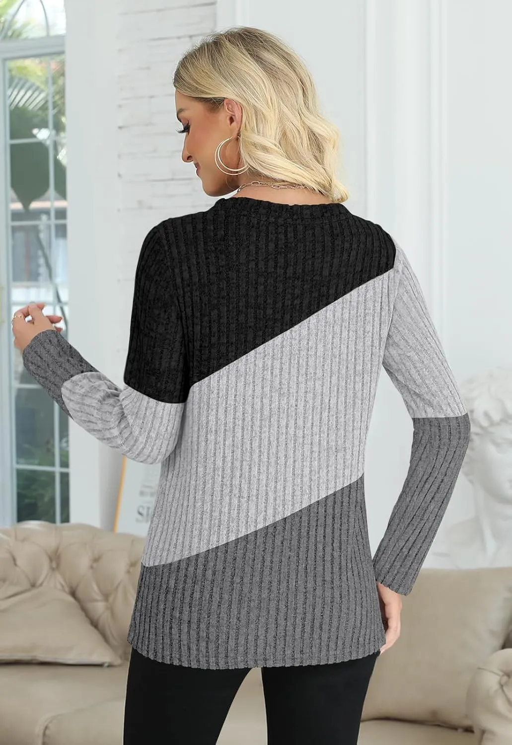 AYIFU Womens Color Block Tops Lightweight Sweaters Casual Long Sleeve Tunic Tops Trendy Crewneck Pullover Shirts