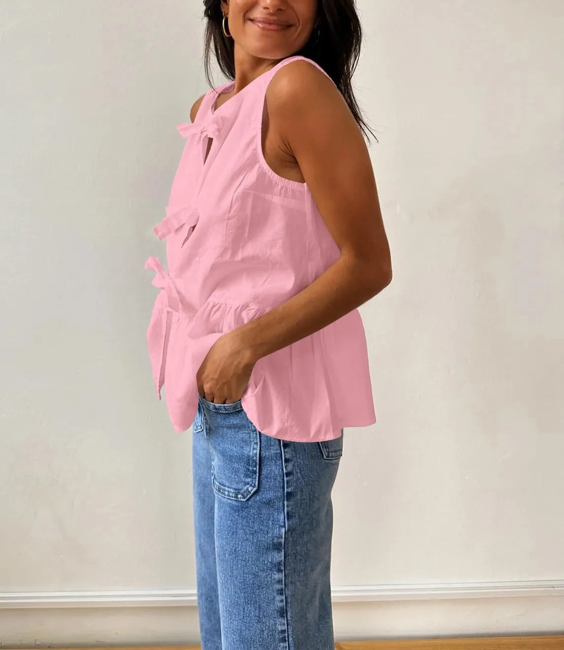 BAIGRAM Women Trendy Bow Tie Front Babydoll Tank Tops Sleeveless Peplum Ruffle Blouse Tie Up Summer Casual Dressy Tunic