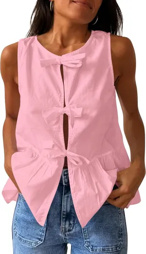 BAIGRAM Women Trendy Bow Tie Front Babydoll Tank Tops Sleeveless Peplum Ruffle Blouse Tie Up Summer Casual Dressy Tunic