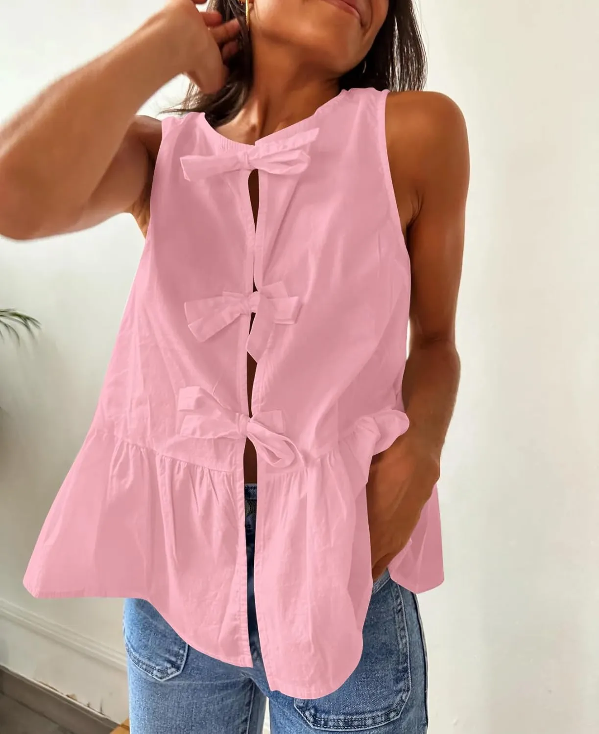 BAIGRAM Women Trendy Bow Tie Front Babydoll Tank Tops Sleeveless Peplum Ruffle Blouse Tie Up Summer Casual Dressy Tunic