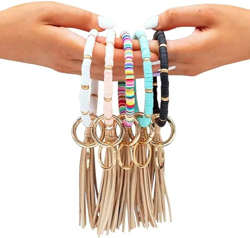 BattleTim Boho Key Ring Bracelet Beaded Keychain Wristlet with Tassel Keychains for Women