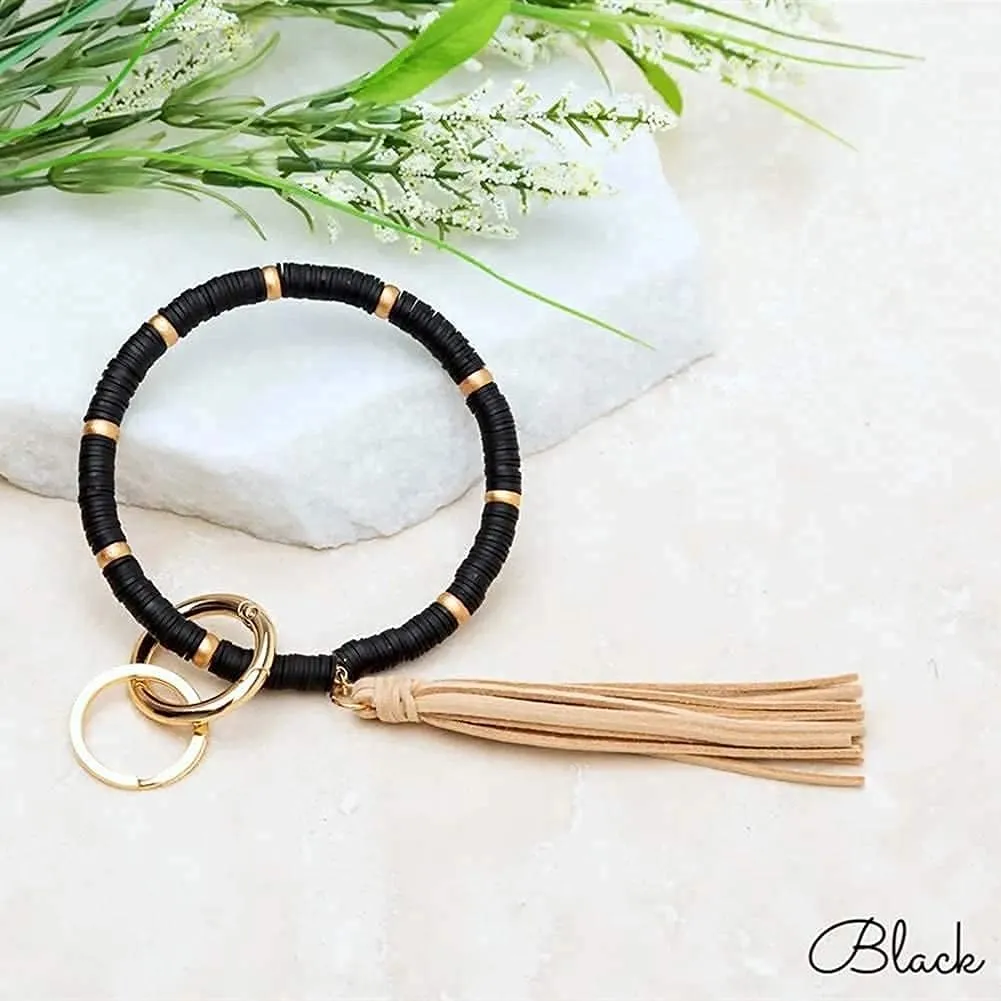 BattleTim Boho Key Ring Bracelet Beaded Keychain Wristlet with Tassel Keychains for Women