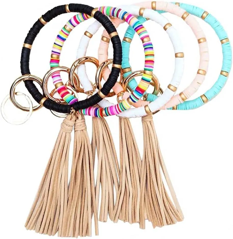 BattleTim Boho Key Ring Bracelet Beaded Keychain Wristlet with Tassel Keychains for Women