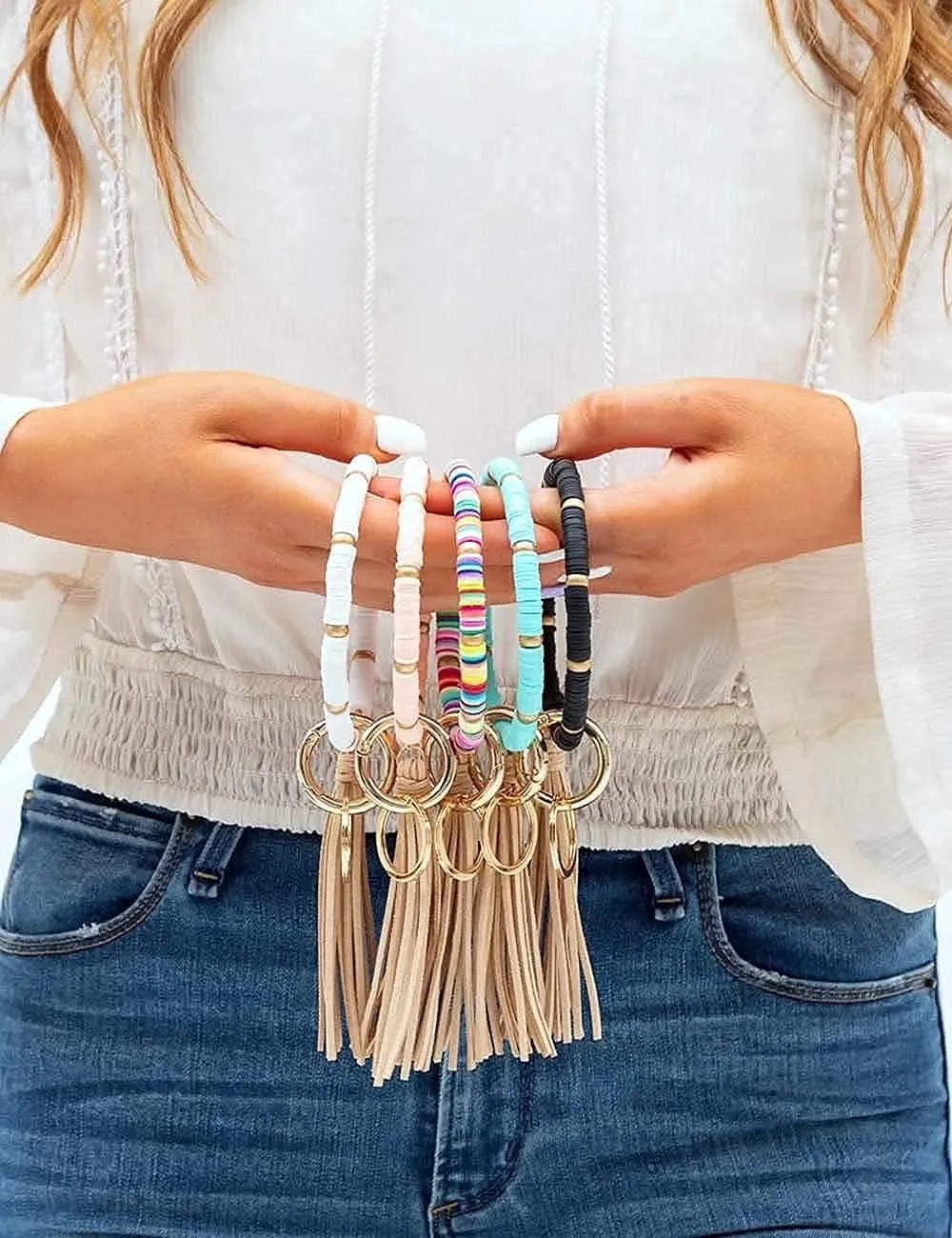 BattleTim Boho Key Ring Bracelet Beaded Keychain Wristlet with Tassel Keychains for Women