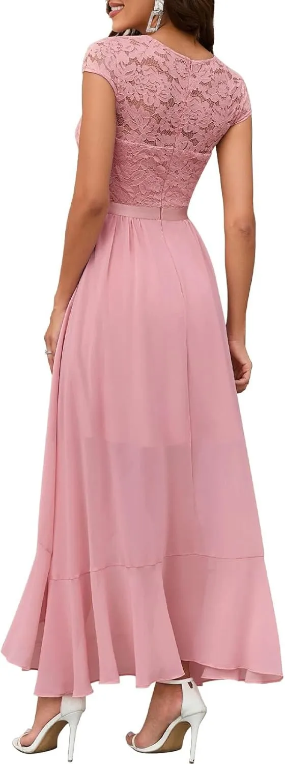 Bbonlinedress Women's V-Neck Dress for Women Wedding Guest Hi-Lo Floral Lace Prom Cocktail Party Formal Bridesmaid Dress