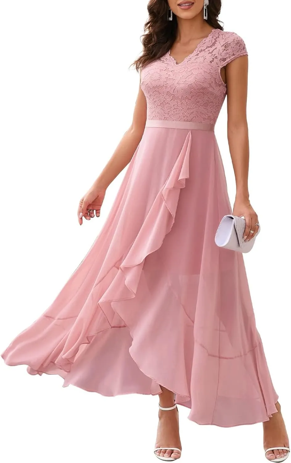 Bbonlinedress Women's V-Neck Dress for Women Wedding Guest Hi-Lo Floral Lace Prom Cocktail Party Formal Bridesmaid Dress