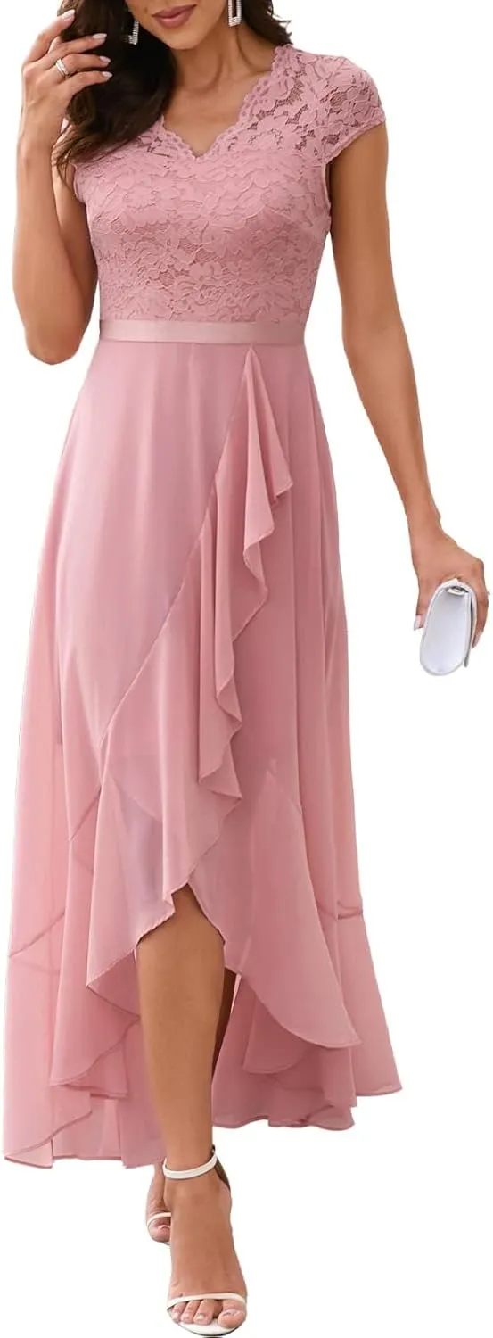 Bbonlinedress Women's V-Neck Dress for Women Wedding Guest Hi-Lo Floral Lace Prom Cocktail Party Formal Bridesmaid Dress