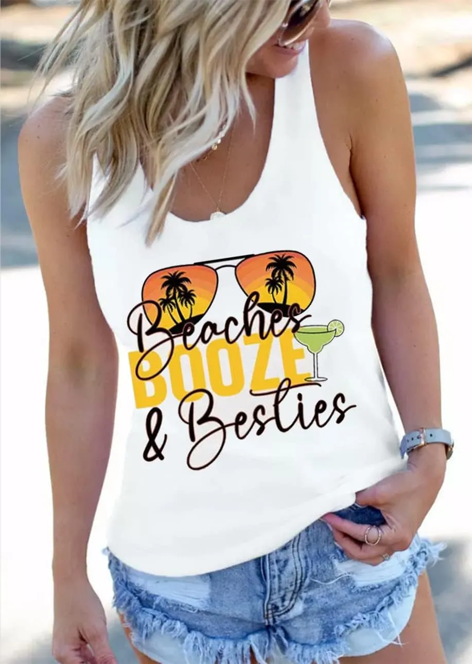 Beaches & Besties Racerback Tank Tops Women Summer Beach Vacation Tanks Funny Sunglasses Graphic Letter Print Shirt
