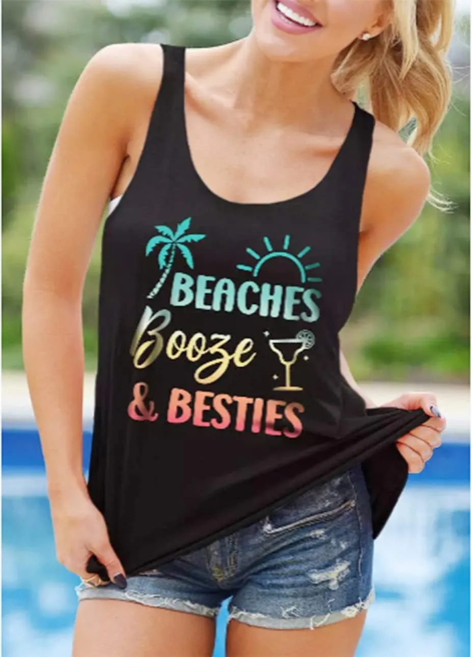 Beaches & Besties Racerback Tank Tops Women Summer Beach Vacation Tanks Funny Sunglasses Graphic Letter Print Shirt